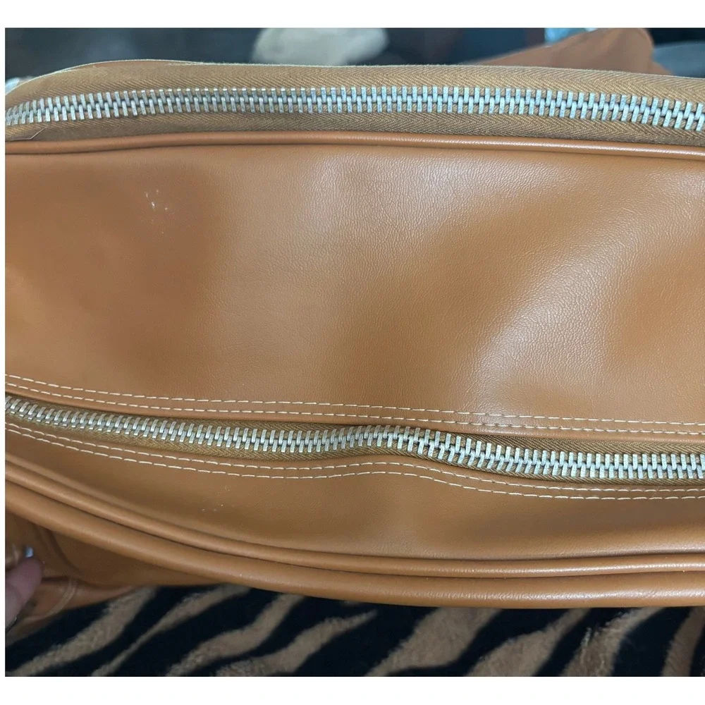 Vintage Tan Faux Leather Travel‎ Bag Set Lot of 3 YKK Zippers Retro Luggage READ